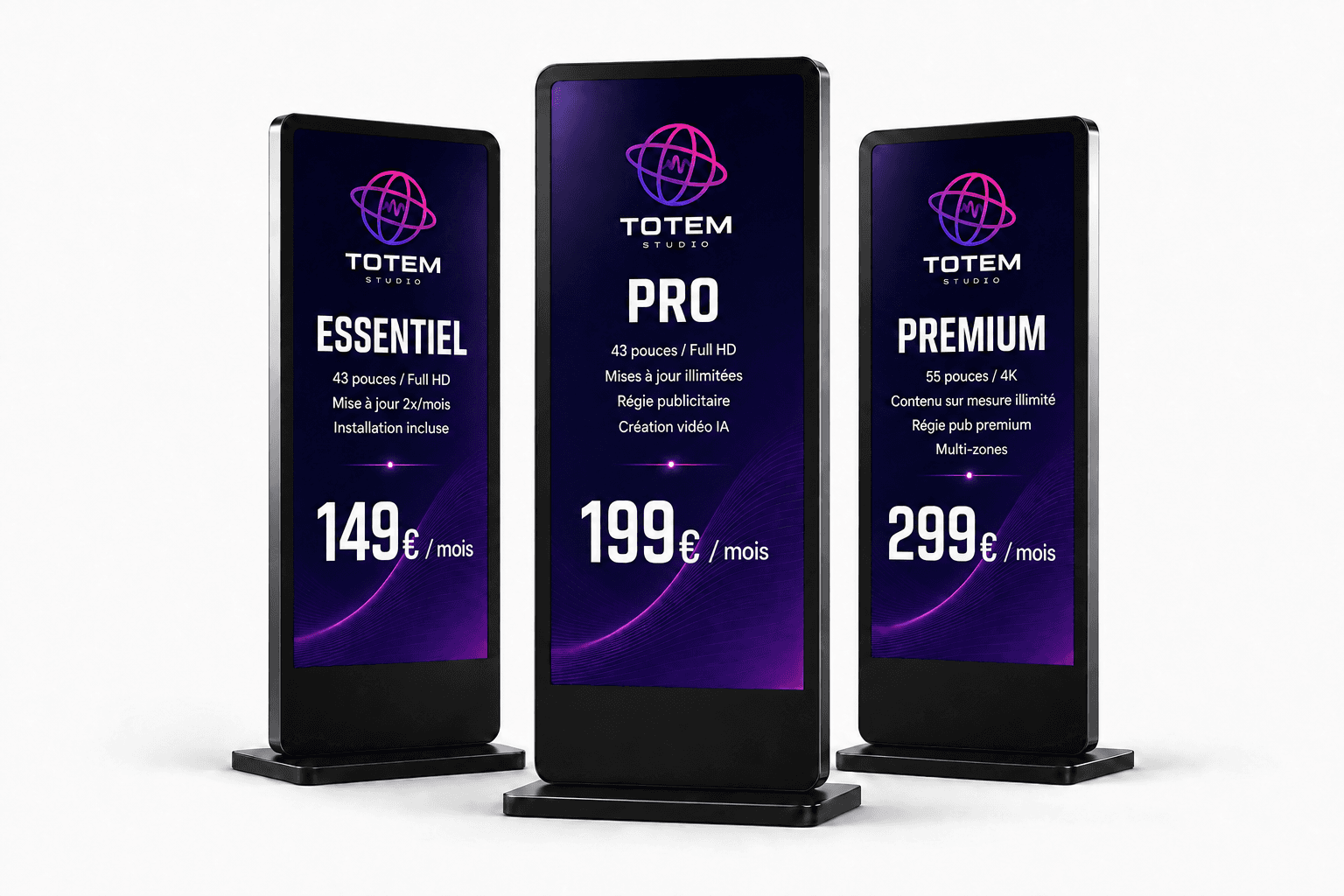 Les 3 forfaits totems digitaux Totem Studio — Essentiel, Pro et Premium